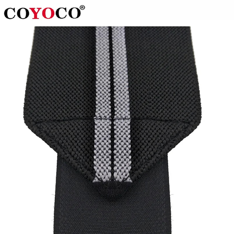 Black heavy duty wrist wraps with a silver striped design