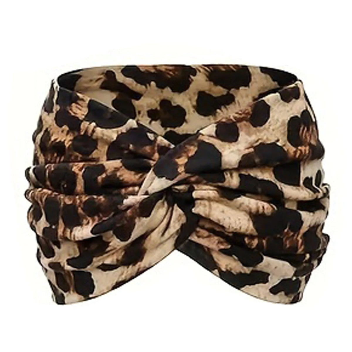A close-up of a patterned brown and black leopard print fabric tied into a twisted fabric headband.