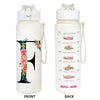 Front and back views of a white insulated straw tumbler featuring a large letter F design for hydration