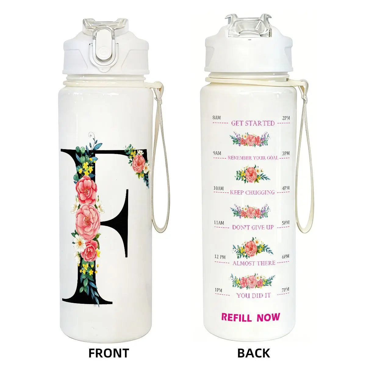 Front and back views of a white insulated straw tumbler featuring a large letter F design for hydration