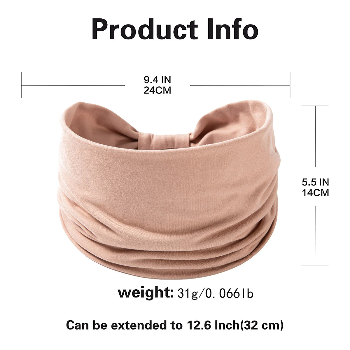 A beige boho wide headband hair wrap shown with dimensions and weight information.