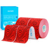 Roll of red kinesiology tape next to its packaging box.