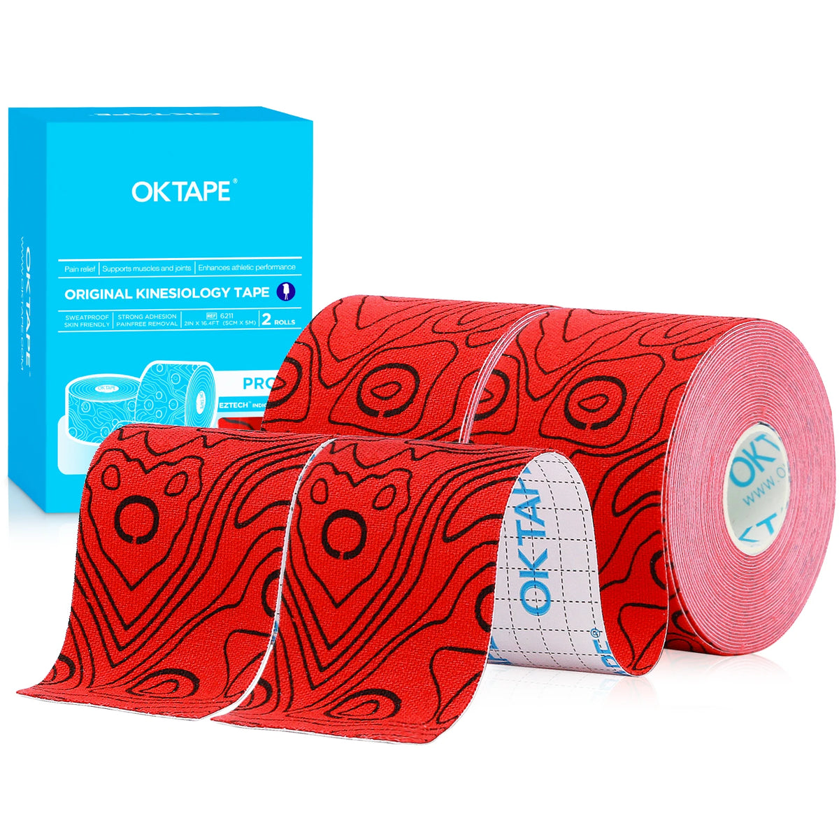 Roll of red kinesiology tape next to its packaging box.