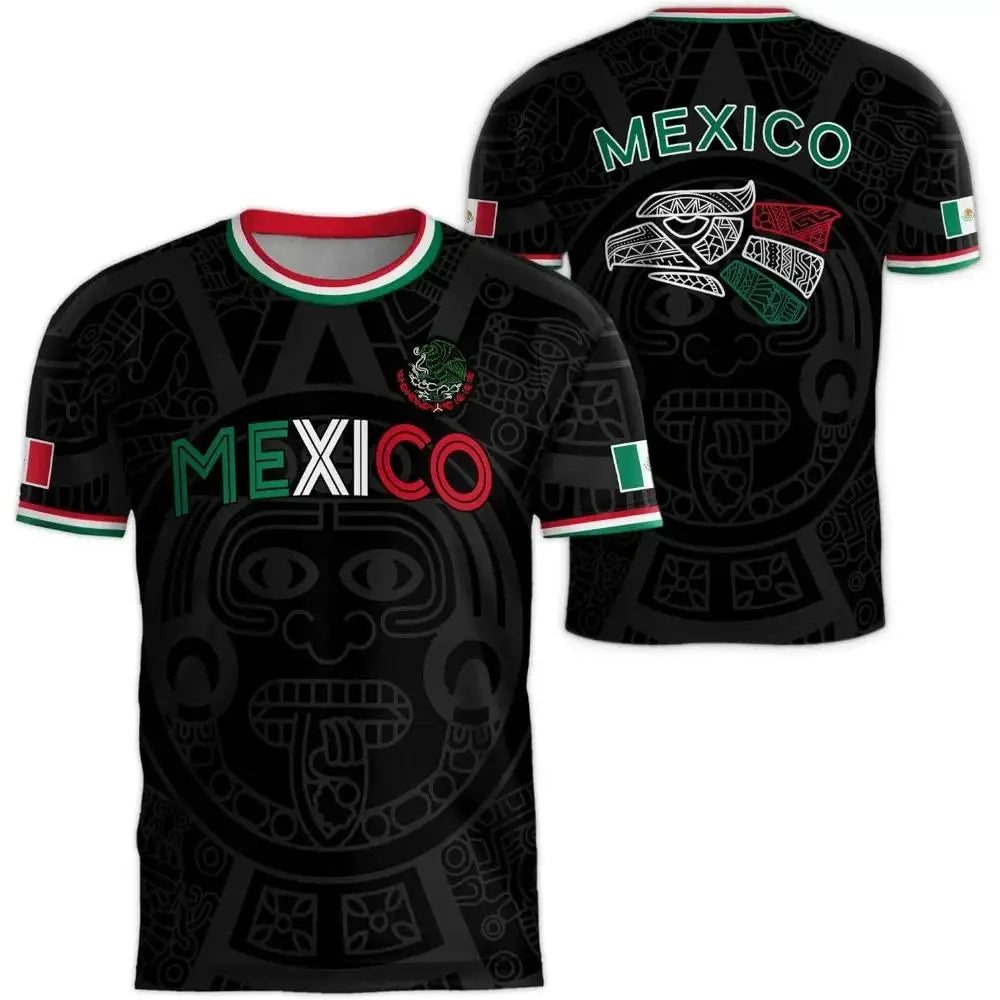Black men's graphic t-shirt featuring a stylized Mexican flag design and text