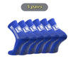 Five pairs of blue mid-calf football socks with white trim displayed in a row.