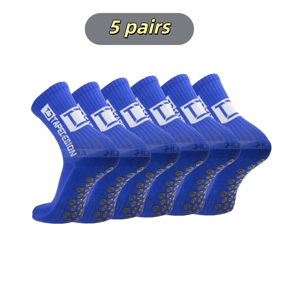 Five pairs of blue mid-calf football socks with white trim displayed in a row.