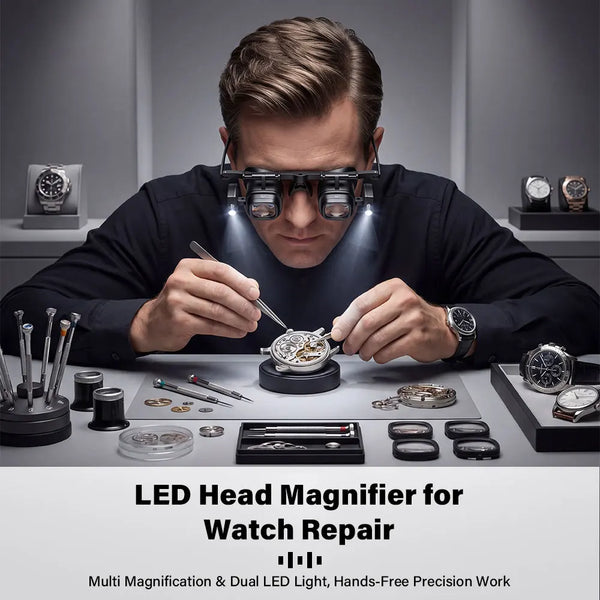 A man is using an LED head magnifier for watch repair on a dark surface.