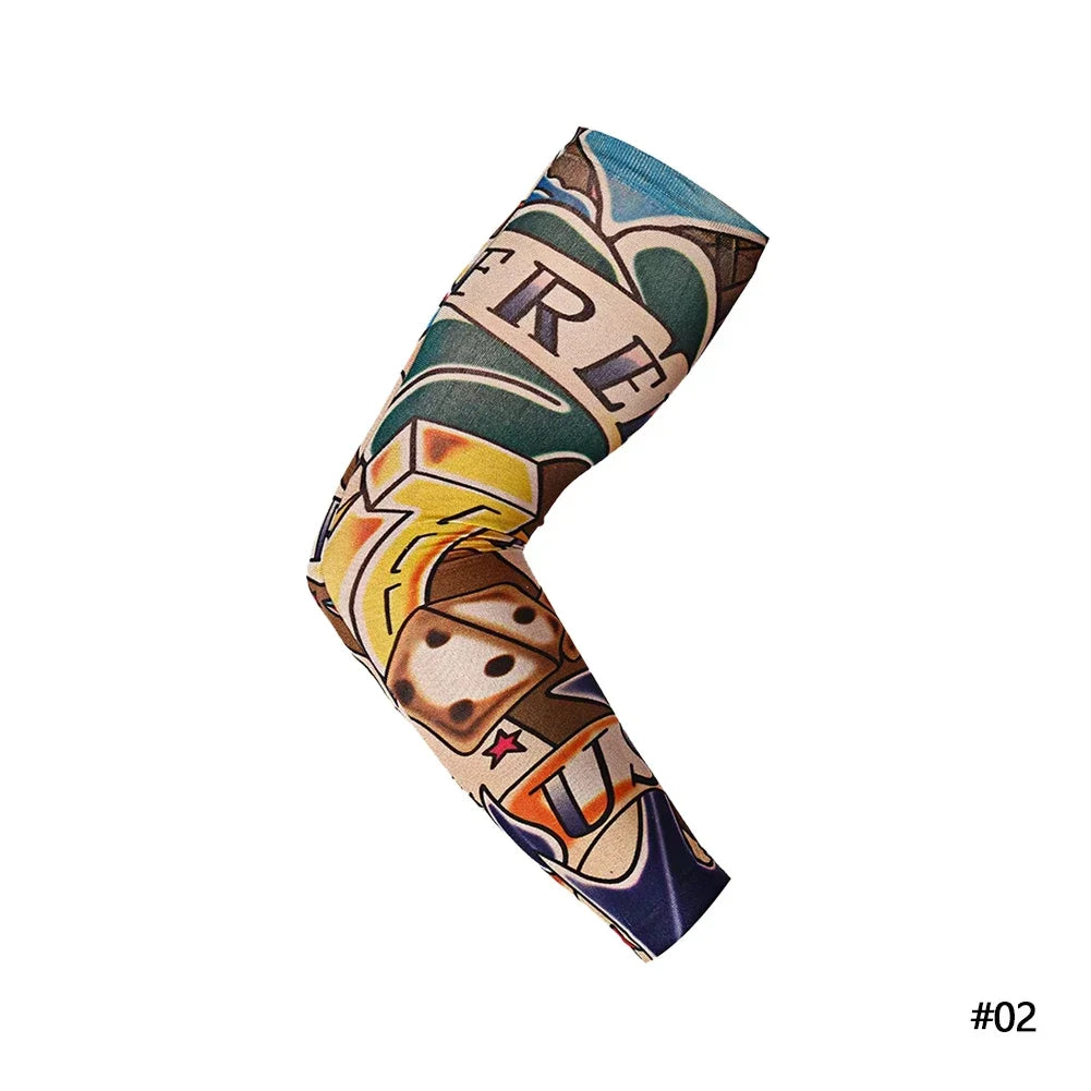 A close-up of a reusable stretch tattoo arm sleeve featuring a design with the word FREE and dice motifs.