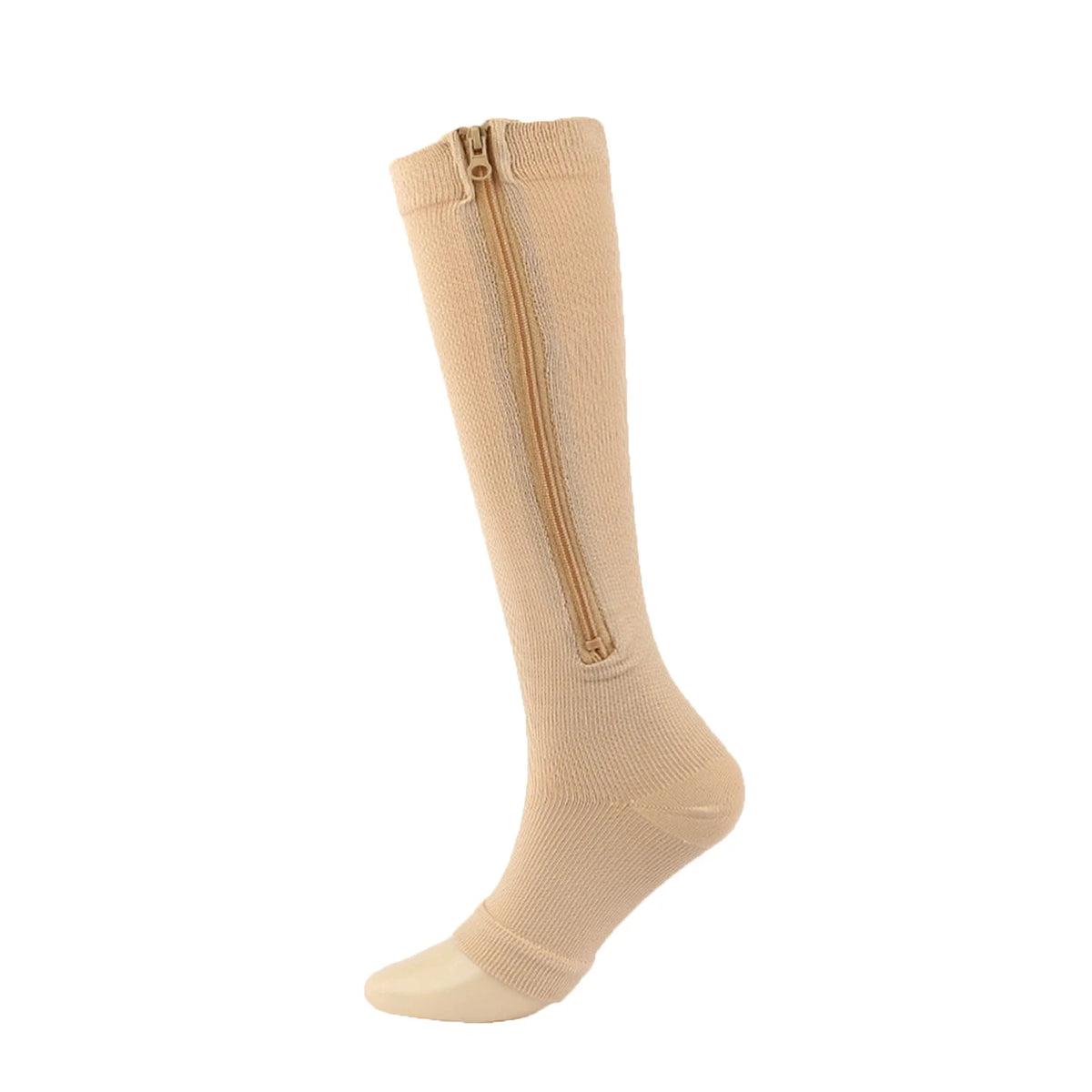 A beige compression sock with a zipper on the ankle for vein health.