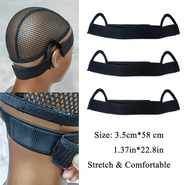 Black adjustable lace wig band for hair edges shown on a mannequin head.
