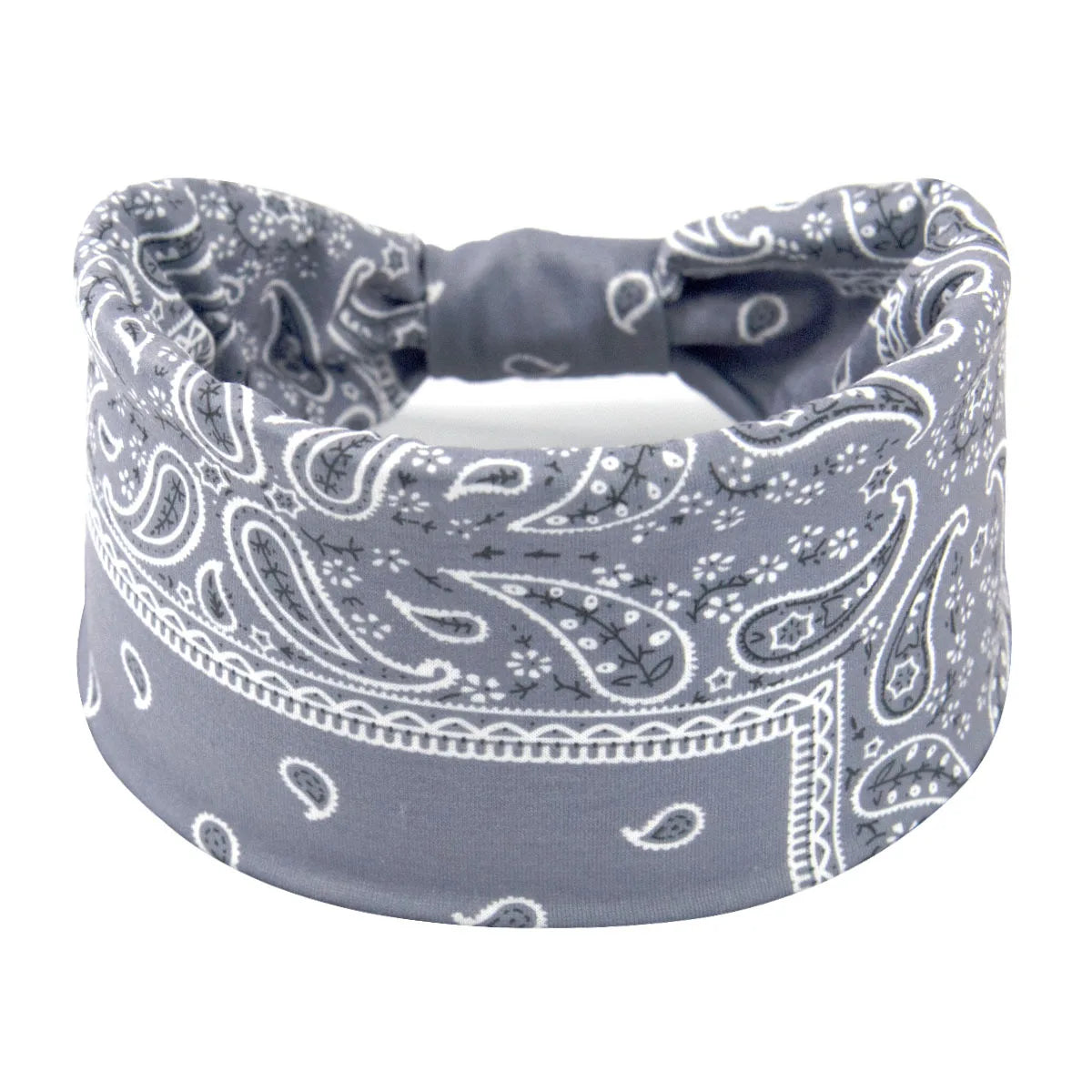 Graue Boho-Twist-Haube mit feinem weißen Paisley- und Blumenmuster