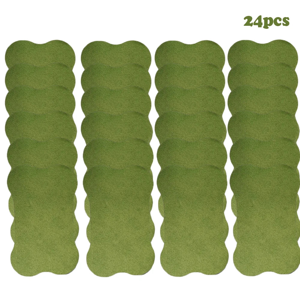A set of twenty-four olive green self-heating lumbar spine patches.