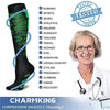 Black compression socks with green accents shown next to a doctor, labeled as Charmking compression socks.
