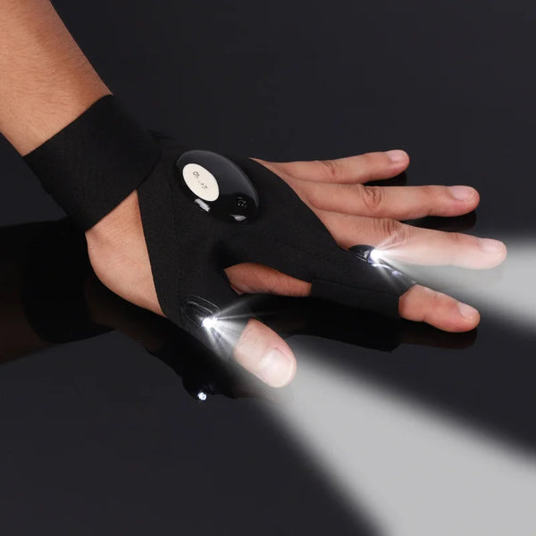 A hand wearing a black tactical glove with an integrated LED flashlight is shown casting a bright beam.