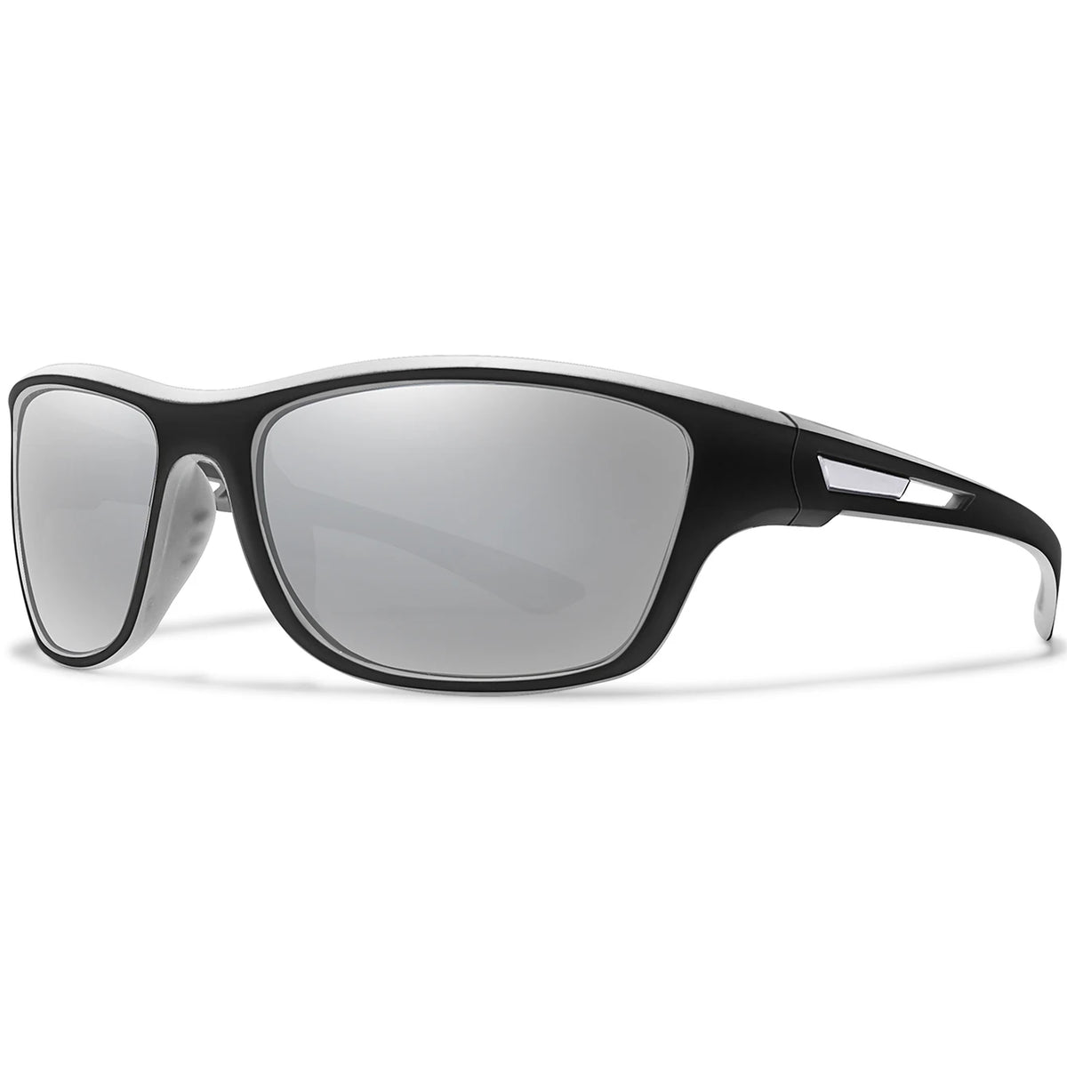 A pair of black polarized cycling sunglasses with a dark gray lens shown against a white background.