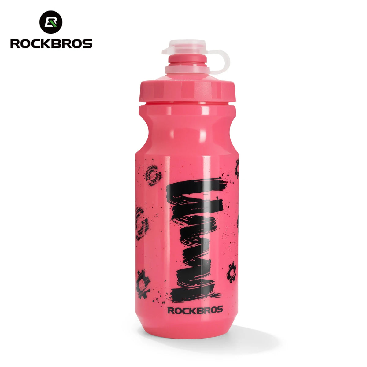 Botella de ciclismo rosa y duradera con texto gráfico negro y tapa blanca.