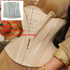 A beige double compression waist trainer corset body shaper with gold accents and a mesh panel detail.