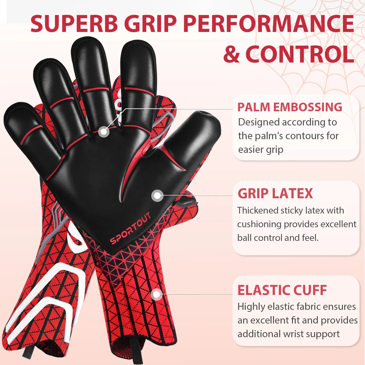 Black goalkeeper gloves with red accents showing features like palm embossing, grip latex, and an elastic cuff.