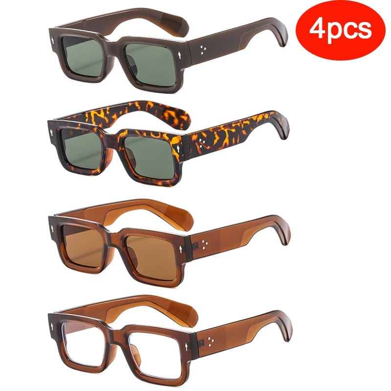 Four pairs of classic square rivet sunglasses in various brown and leopard print colors