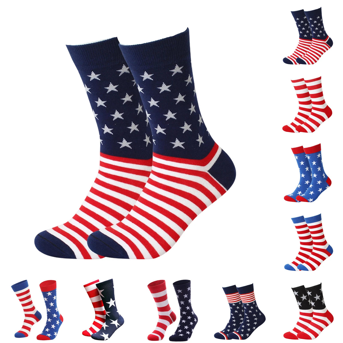 A collection of decorative striped flag socks featuring American patriotic designs.