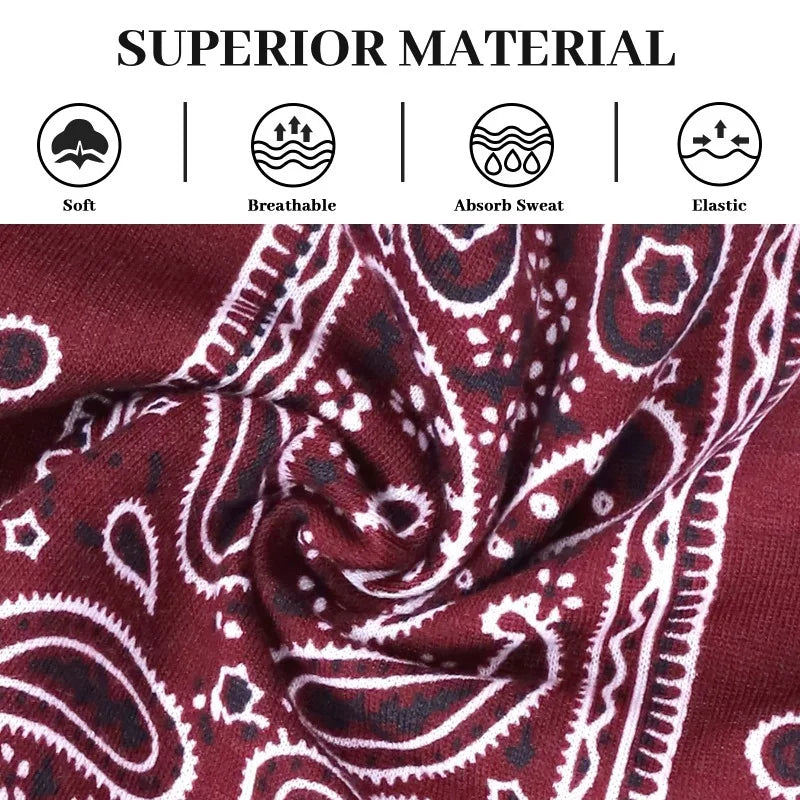 Close-up of a deep maroon boho printed wide knitted headband fabric showing soft, breathable, absorbent, and elastic texture.