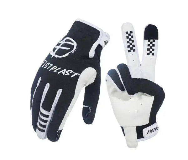 A pair of black and white durable off-road motocross riding gloves shown against a white background.