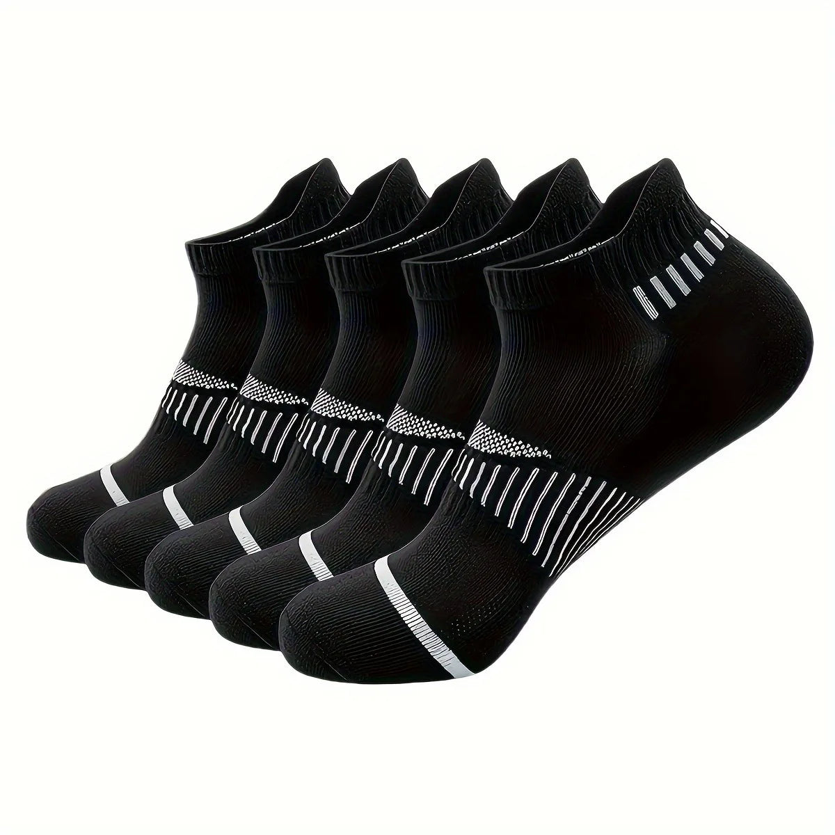 A pack of black crew socks for men with white stripes and dots.