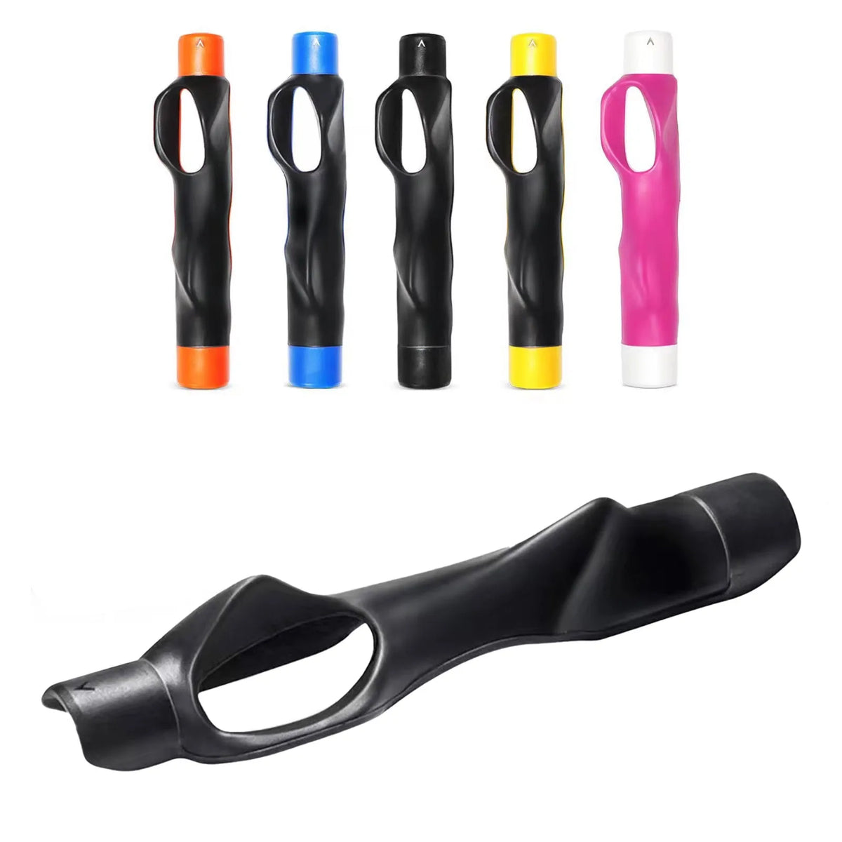 A set of portable golf swing grip trainers in black, blue, orange, and pink colors.