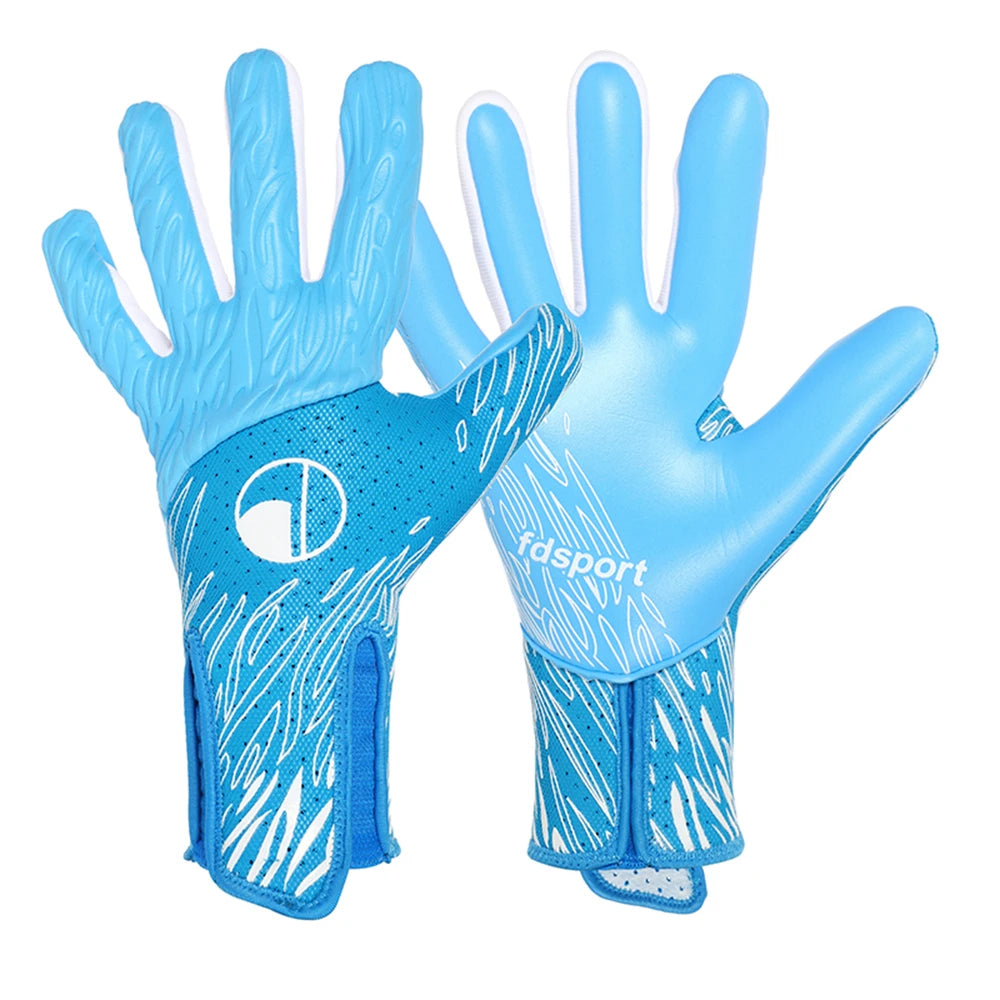 Par de guantes de portero azules brillantes con palmas texturizadas y un logo deportivo