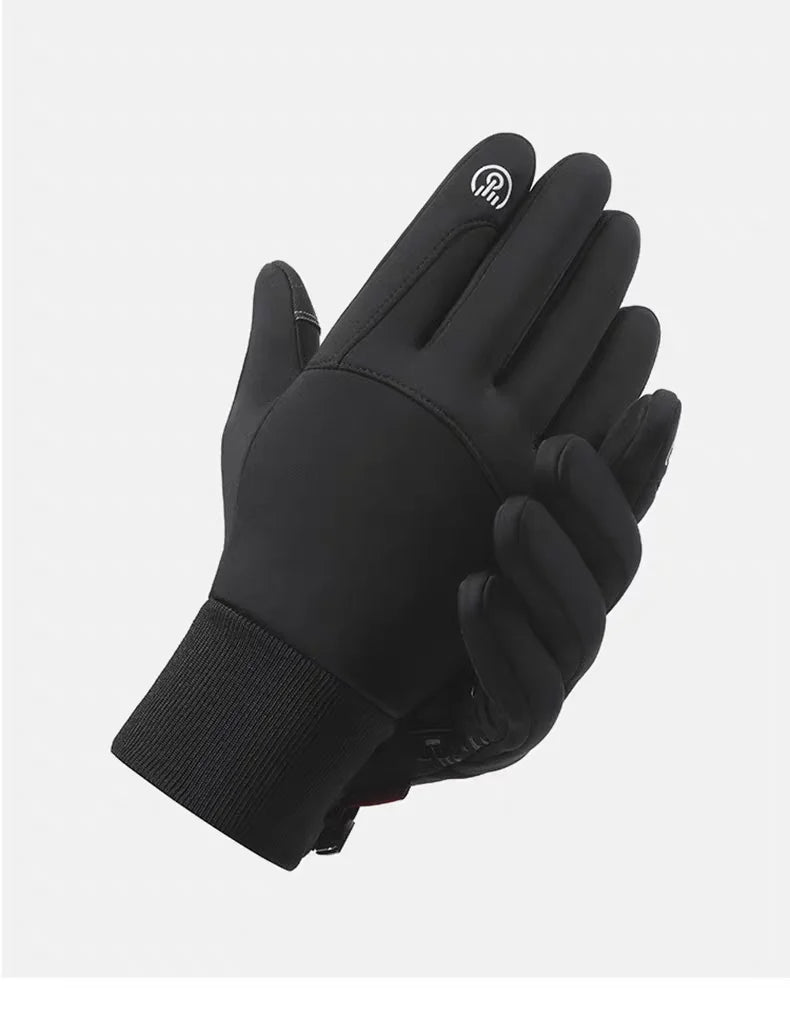 Guantes de invierno impermeables y aislantes negros, mostrados contra un fondo gris claro.