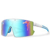 A pair of blue-tinted polarized cycling sunglasses with a red dragon graphic on the frame.