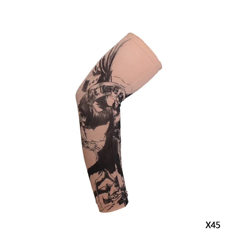 A beige reusable stretch tattoo arm sleeve featuring a black silhouette design.