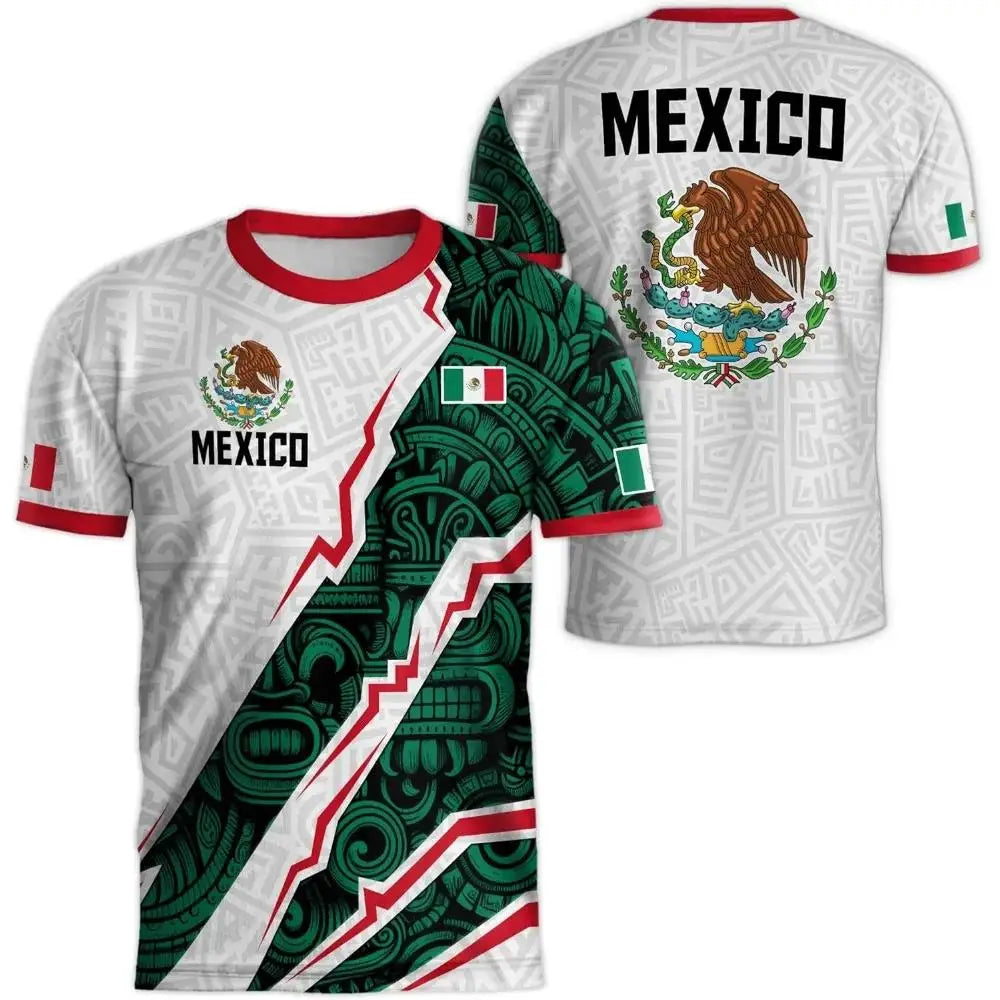 A white men's t-shirt featuring a graphic design of the Mexican flag and an eagle emblem.