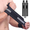 A person is wearing a black wristband designed for workouts on their forearm.