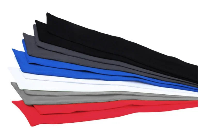 A stack of folded breathable sports headbands in various colors including black, gray, blue, white, and red.