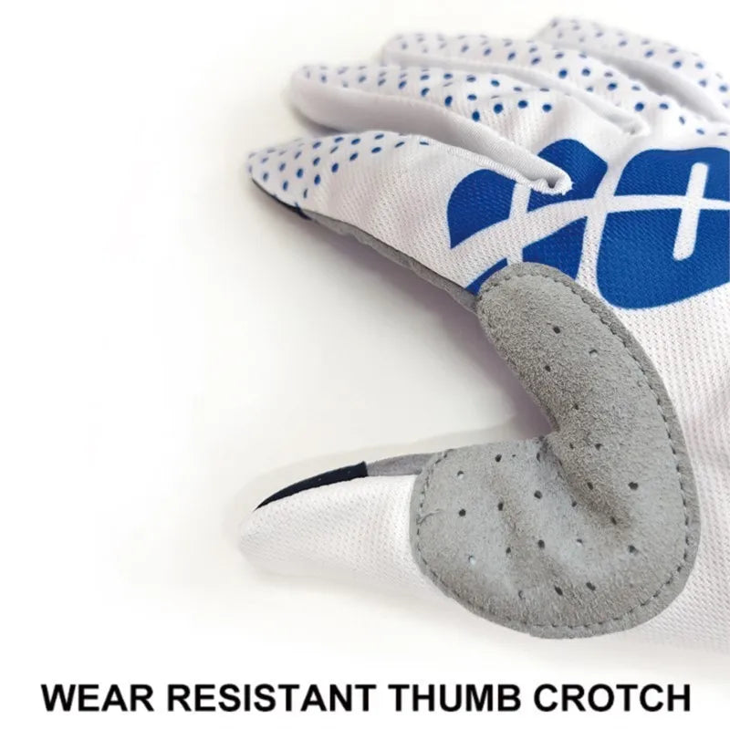 Close-up of a white sports glove with a blue thumb crotch and textured grip.