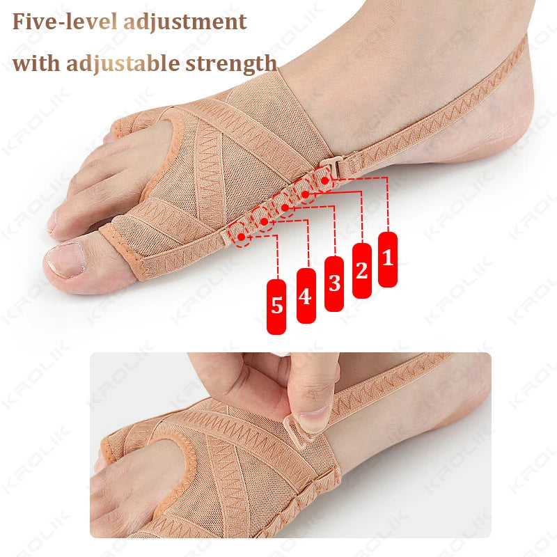 A close-up of a beige adjustable toe corrector and separator for foot health, showing five adjustment levels.