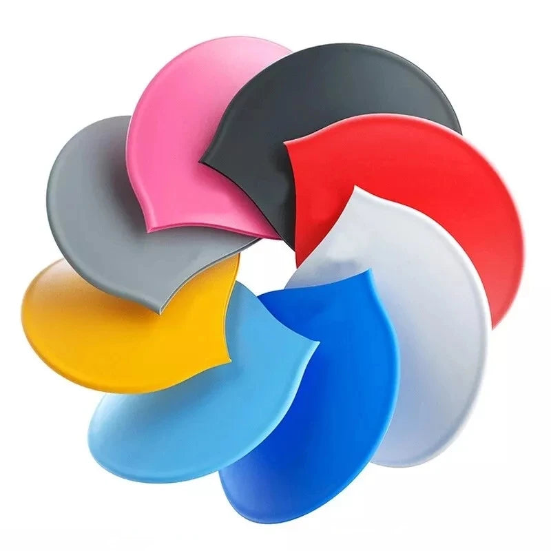 Colección de gorros de natación de silicona coloridos en varios tonos, incluyendo rosa, negro, rojo, gris, amarillo, azul y b