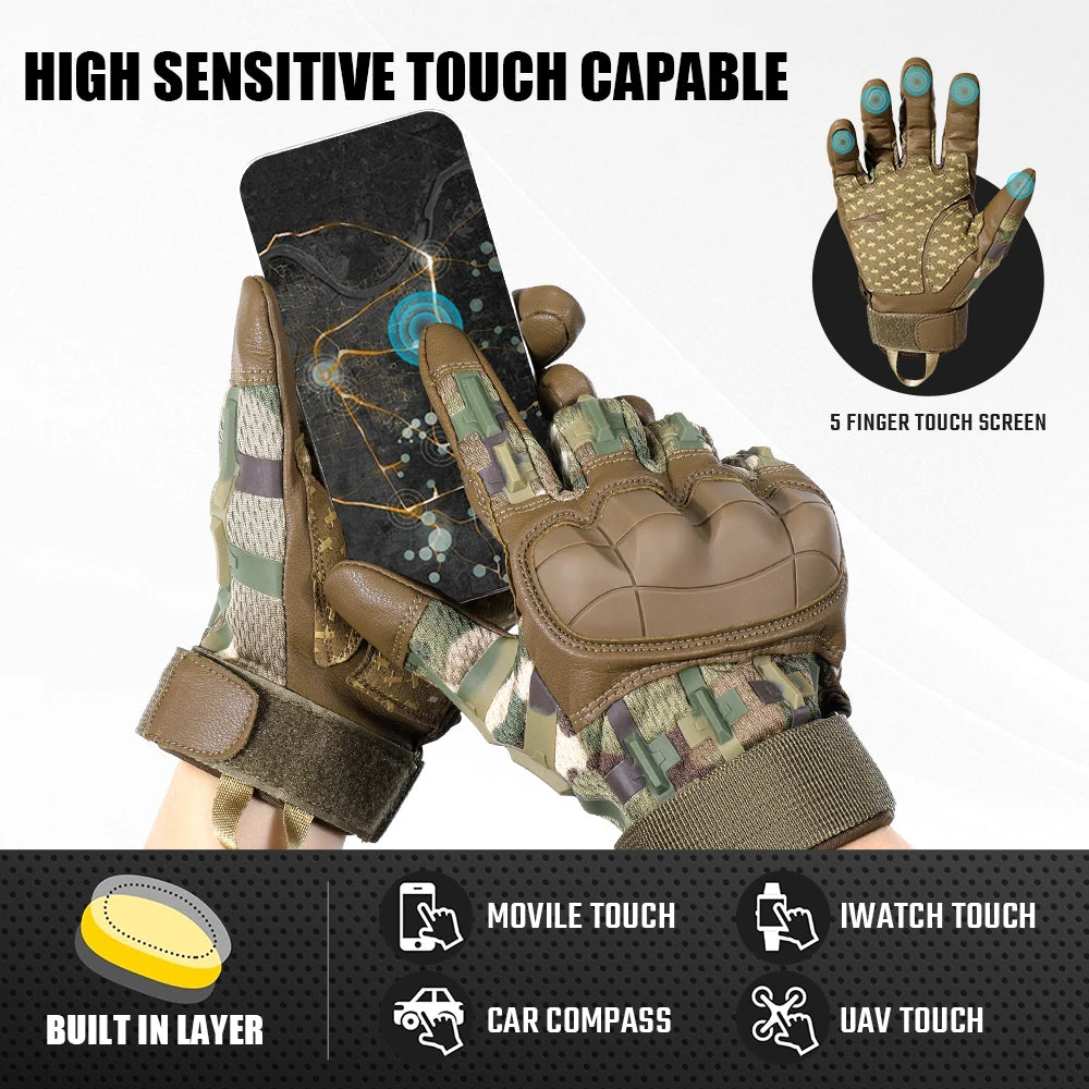 Tactical PU leather cycling gloves with a 5 finger touch screen and built-in layer features