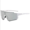 Gray cycling sunglasses with white frames and arms