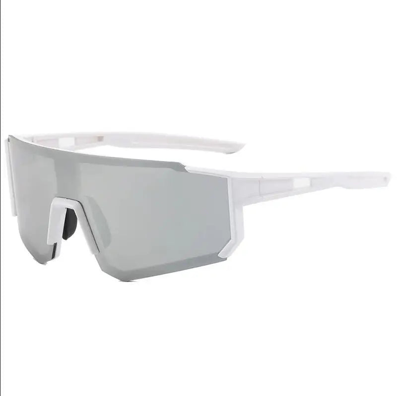 Gray cycling sunglasses with white frames and arms