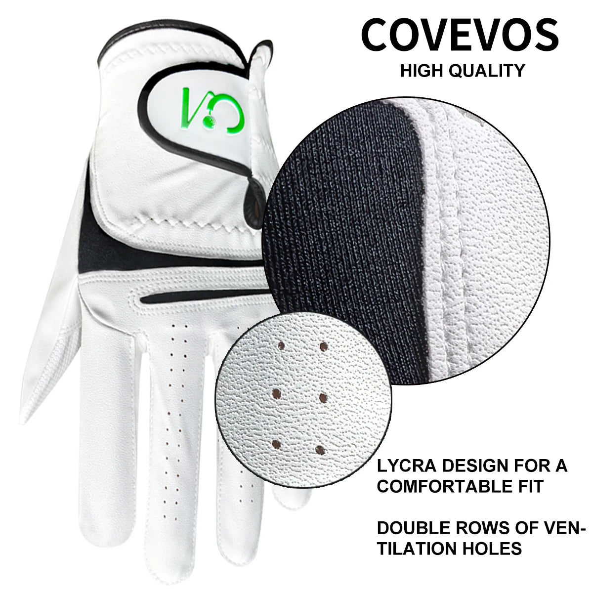 Guante de golf blanco COVEVOS de alta calidad con detalles negros y agujeros de ventilación