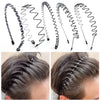 Various styles of black fashion metal hair bands shown alongside application on dark hair.