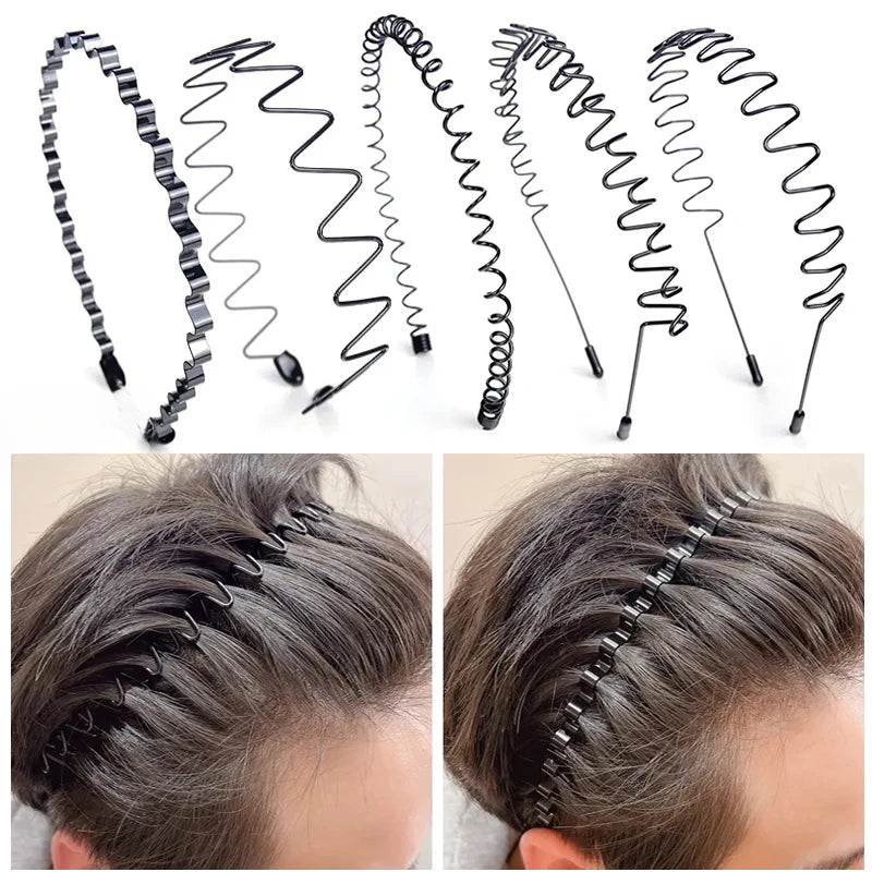 Various styles of black fashion metal hair bands shown alongside application on dark hair.
