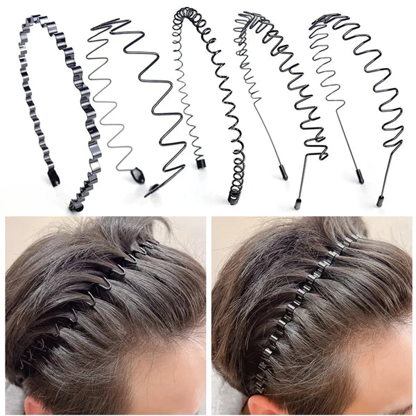 Various styles of black fashion metal hair bands shown alongside application on dark hair.
