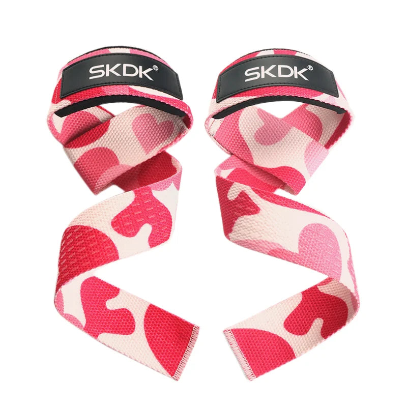 Pair of black and pink patterned gym weightlifting straps for deadlifts