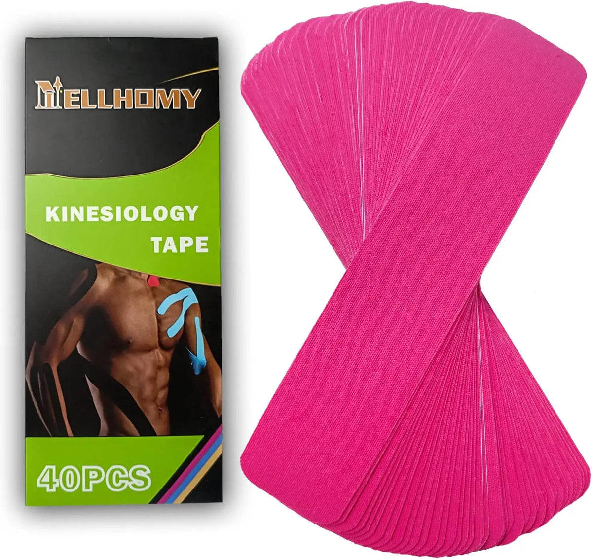 A stack of pink kinesiology tape is shown next to its packaging, labeled as 40 pieces.