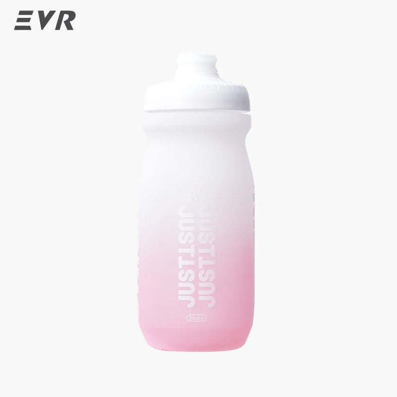 A clear pink squeezable cycling water bottle with a white cap.