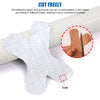 A white kinesiology tape piece is shown with grid lines and a cut edge, demonstrating its flexibility for various application