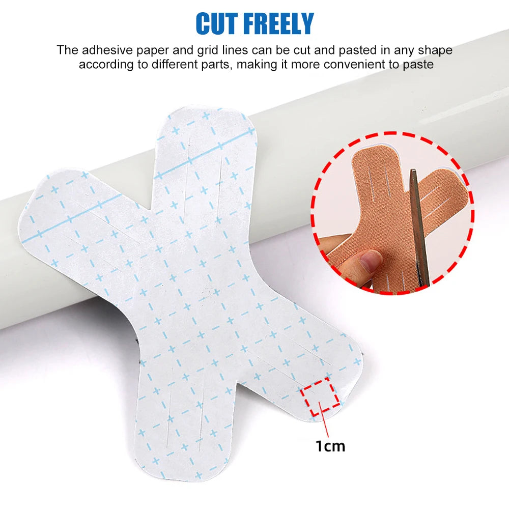 A white kinesiology tape piece is shown with grid lines and a cut edge, demonstrating its flexibility for various application